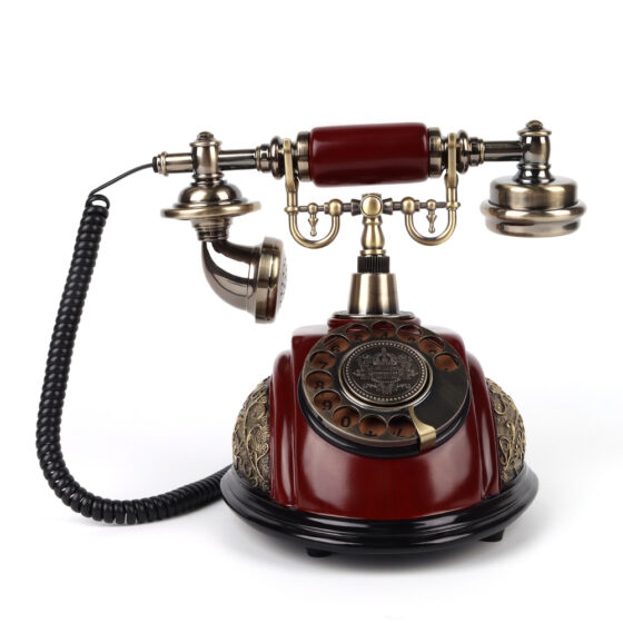 Antique Communication Telephone with rotary dial and vintage wood-copper design.