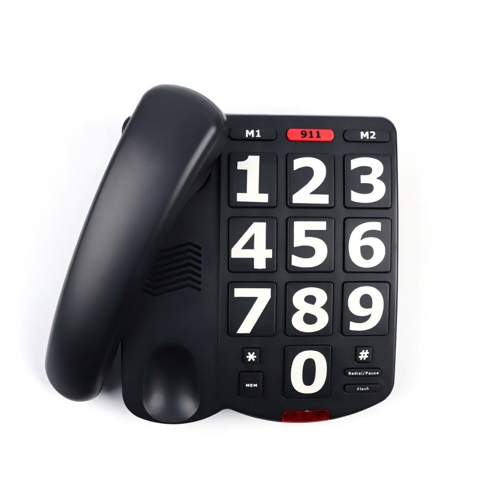 Large Button Telephone for Hearing Impaired CT-256, black landline phone with extra-large keys and emergency speed dial.