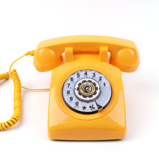 Rotary Dial Telephone CT-8019, vintage yellow landline without hands-free feature, classic rotary dial design for home and office use.