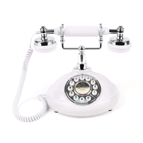 Retro Round Button Landline CT-8301, vintage-style white push-button telephone with chrome accents, ideal for home and office use.
