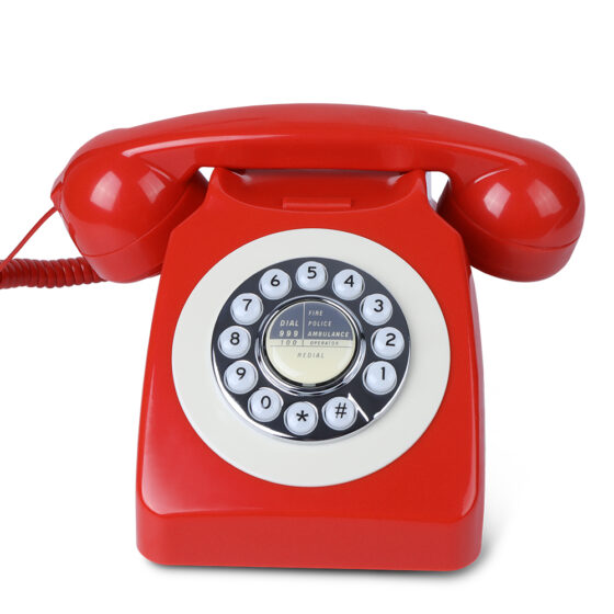 Vintage Push Button Telephone CT-8019, bold red design with a push-button interface and chrome accents.