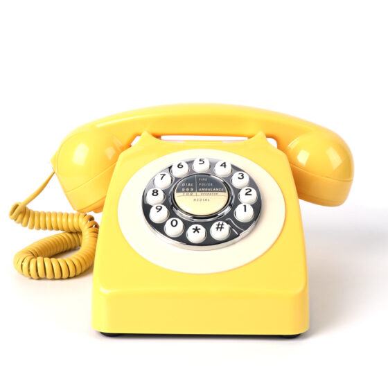 Mid Century Push Button Telephone CT-8019, yellow corded Telephone with push-button dialing, classic rotary-style design, and durable ABS body.