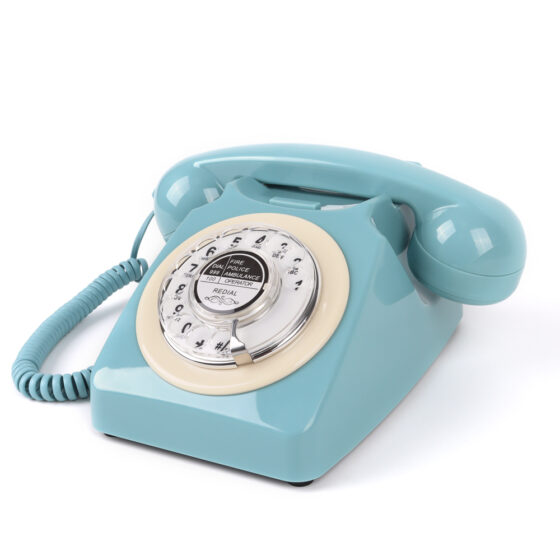 Retro British Rotary Telephone CT-8019, blue vintage rotary dial telephone with classic design for home and office use.