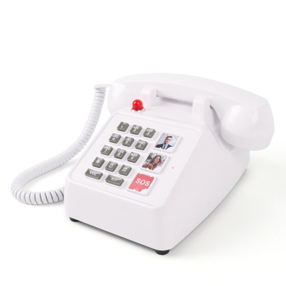 Red Indicator Light Alert Telephone CT-8020, emergency landline with programmable photo memory keys and SOS button for senior assistance.
