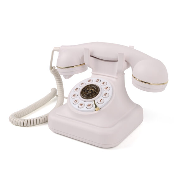 Vintage Round Button Landline CT-8022, retro-style cream-white push-button telephone with gold accents, ideal for home and office use.