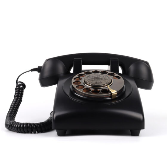 Front view of Metal Rotary Dial Audio Telephone CT-8019, featuring a rotary dial and vintage black design.