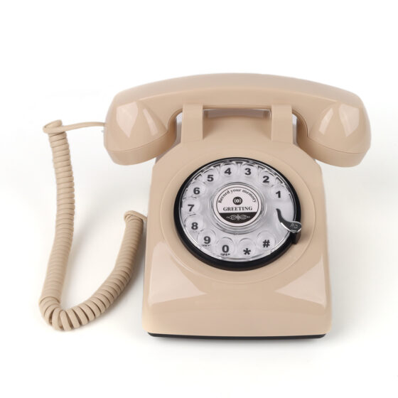 Wedding Telephone in vintage ivory finish with rotary dial and floral trim.