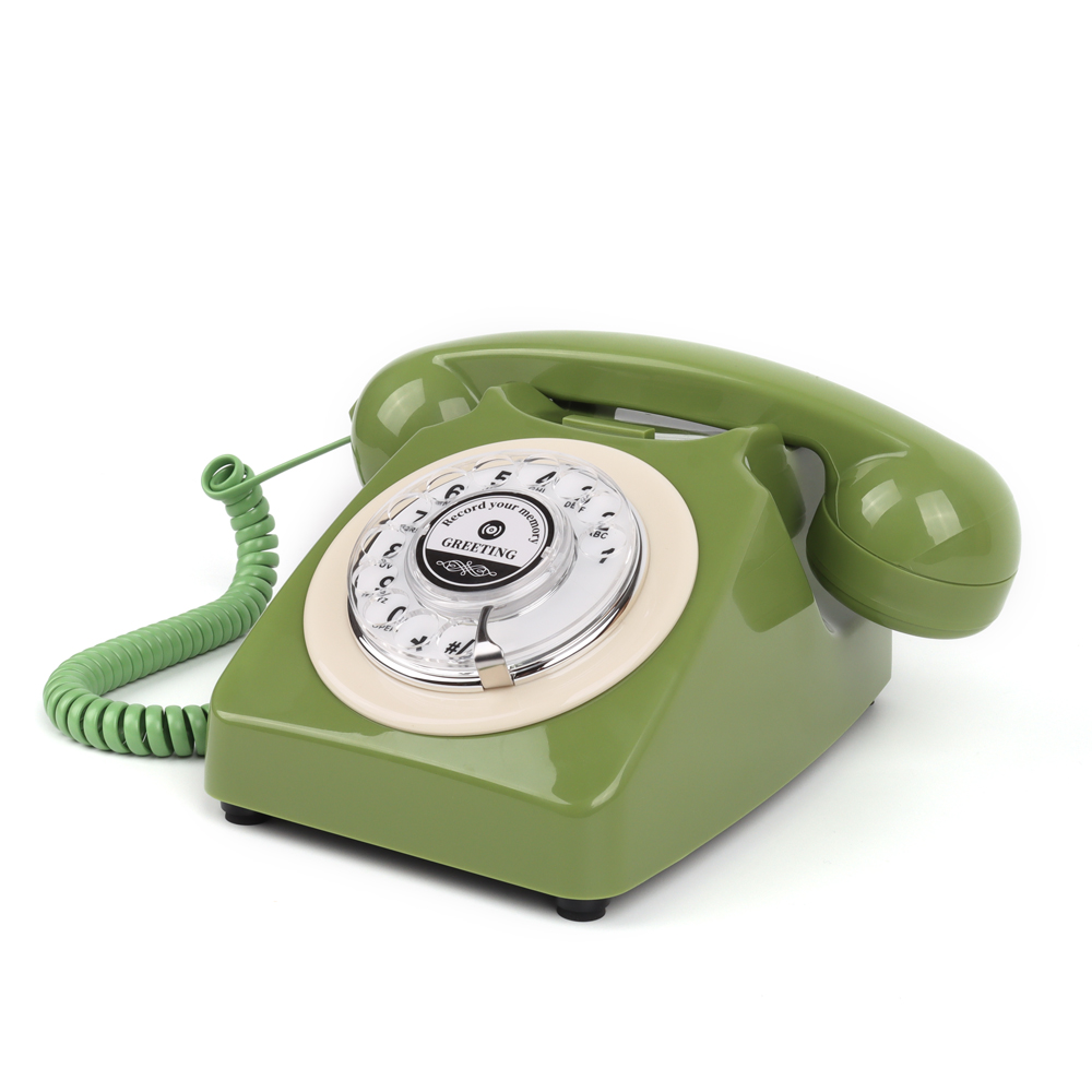 هاتف صوتي دوار على الطراز البريطاني CT-8019, vintage green landline with classic rotary dial for home and office use.