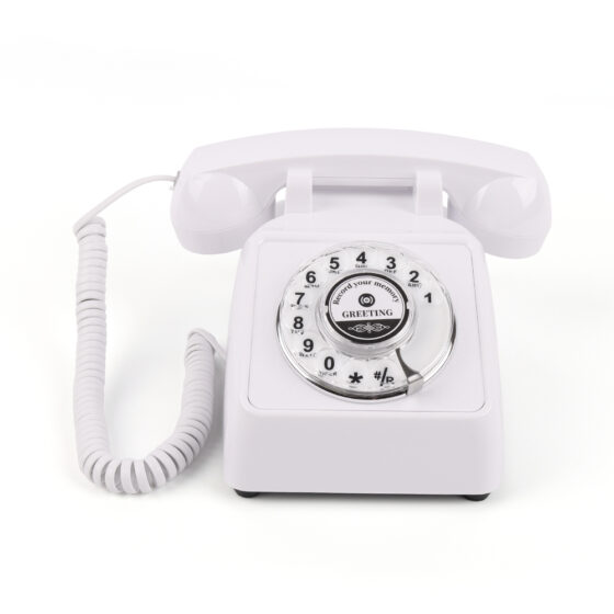 Modern Rotary Audio Telephone CT-8020, white vintage-style landline with rotary dial and handset.