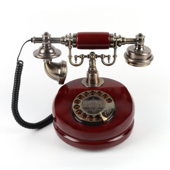 Vintage Red Audio Telephone CT-8026, retro rotary dial with elegant brass design.