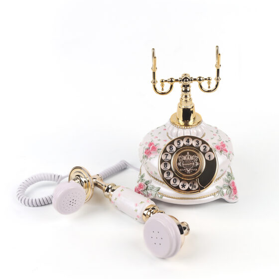 Hotel Rotary Telephone, antique white and gold rotary Telephone with floral design, ideal for luxury hotels and classic interiors.