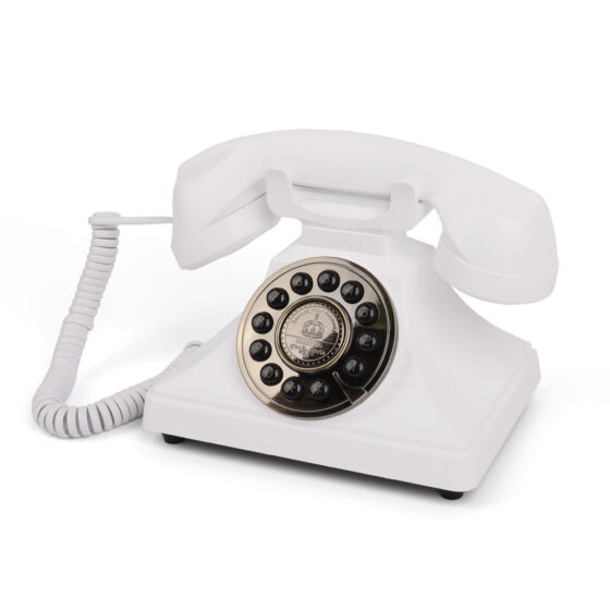 Vintage Push Button Telephone for Film and TV Props CT-8606, White Retro-Style Landline Phone with Push-Button Dial.