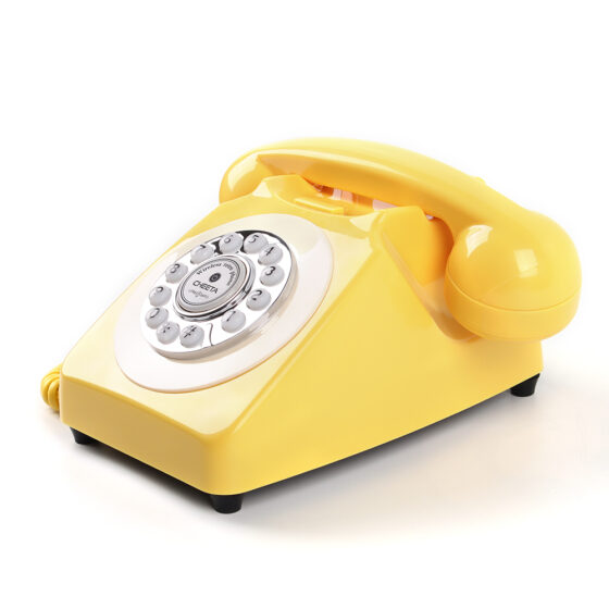 Vintage Bluetooth Telephone, yellow rotary dial, home decor, classic design.