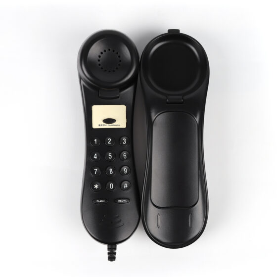 Telefon de perete pentru baie CT-175, black corded phone with compact wall-mountable design and numeric keypad.