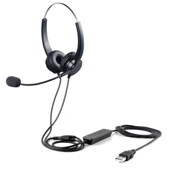 Full view of VH500 noise-cancelling headset with USB connection and adjustable mic, including cable and control module