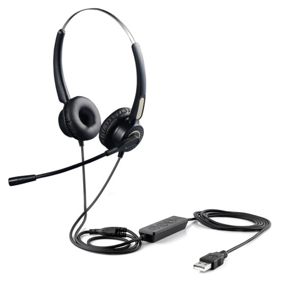 VH580D headphones with mic, dual-ear noise-canceling headset with an adjustable boom microphone.