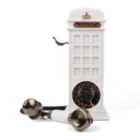 Telephone Booth Audio Telephone CT-8909, white vintage-style Telephone with twin bell details and a rotary dial.