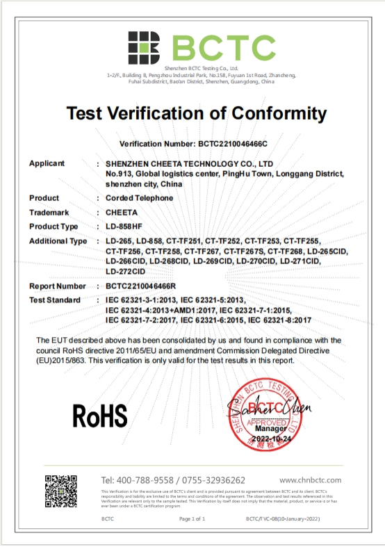 Verification statement confirming RoHS compliance of headset model CT-6905 tested by BCTC