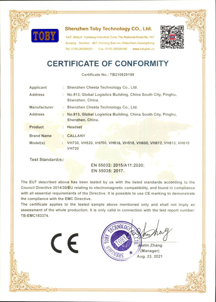 Certificates for headset CE compliance issued by Shenzhen Toby Technology
