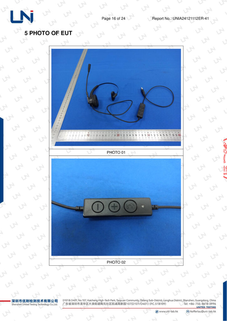 FCC certificate EUT photo showing headset VH520 with USB controller – UNIA24121112ER-41