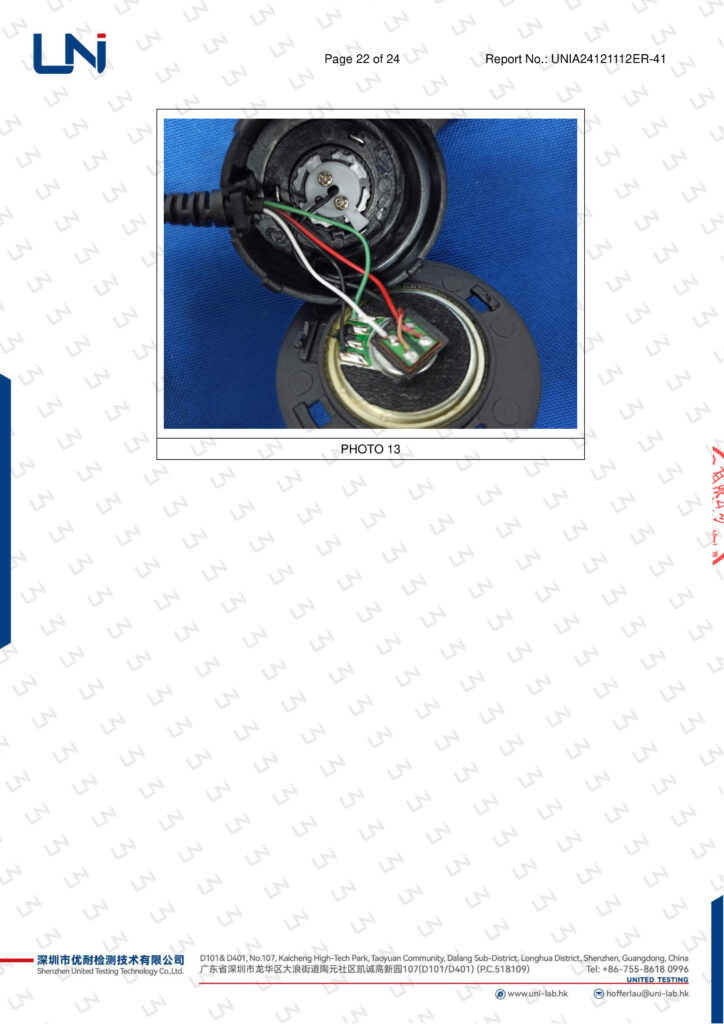 FCC certificate close-up photo of soldering and PCB board inside headset VH520 earpiece – UNIA24121112ER-41