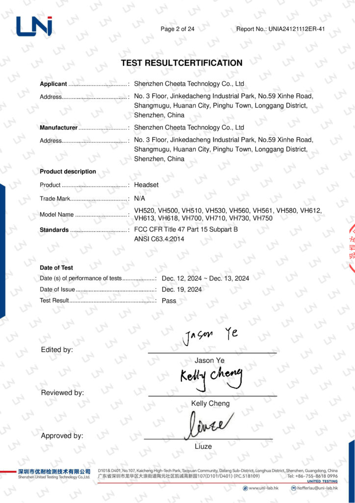 Statement confirming headset models VH501–VH510 passed FCC Part 15 tests by Shenzhen Cheeta Technology