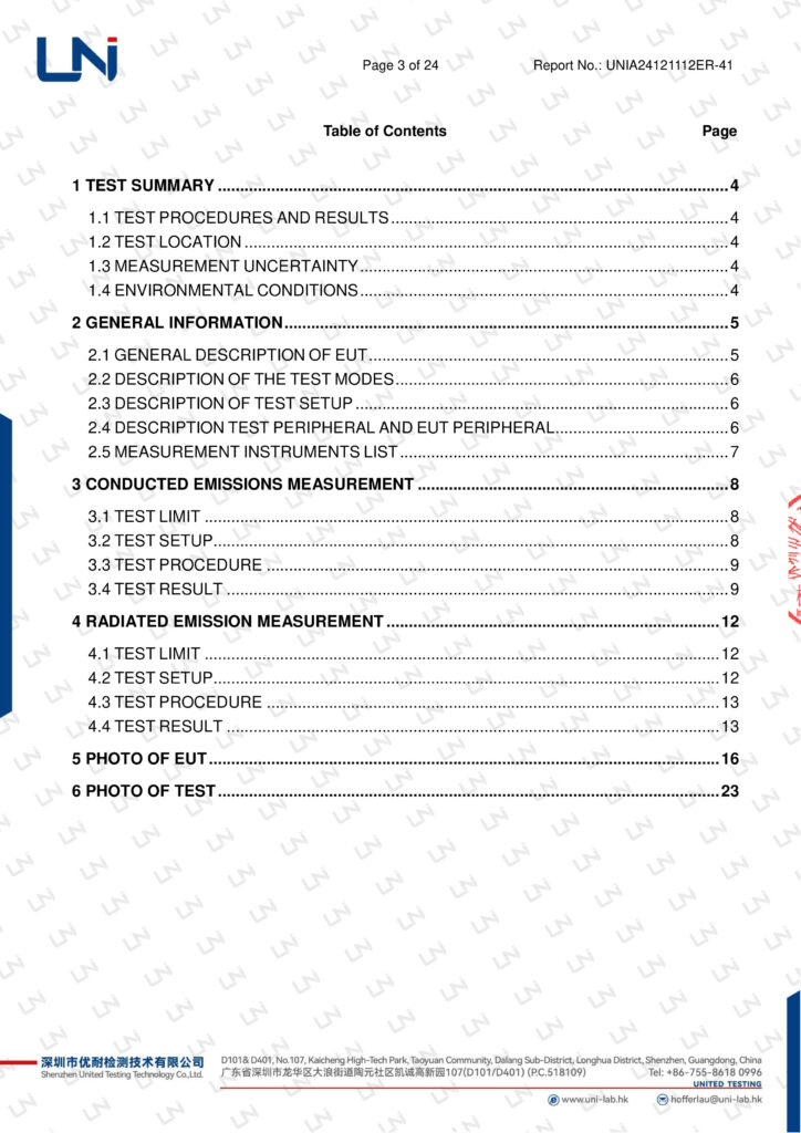 Record page showing structured EMC test report contents and pagination summary issued by LN Lab