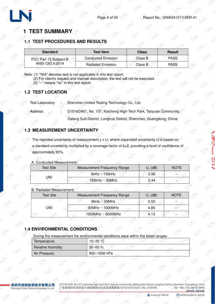 Report summarizing FCC Part 15 Subpart B test results with environmental conditions from Shenzhen United Testing