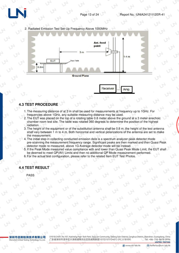 FCC certificate radiated emission test limit and setup for headset VH520 – UNIA24121112ER-41