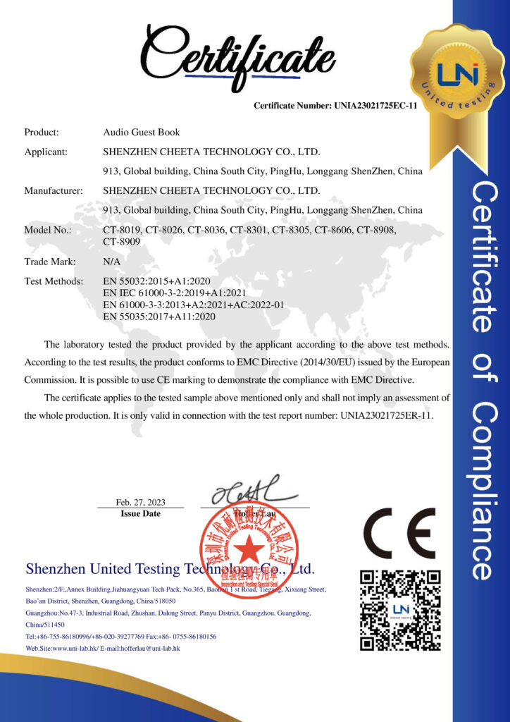 Statement of compliance for Audio Guest Book model CT-8307, validated by LN Lab with CE approval