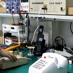 Technician operates calibration equipment in factory inspection lab【85 characters】