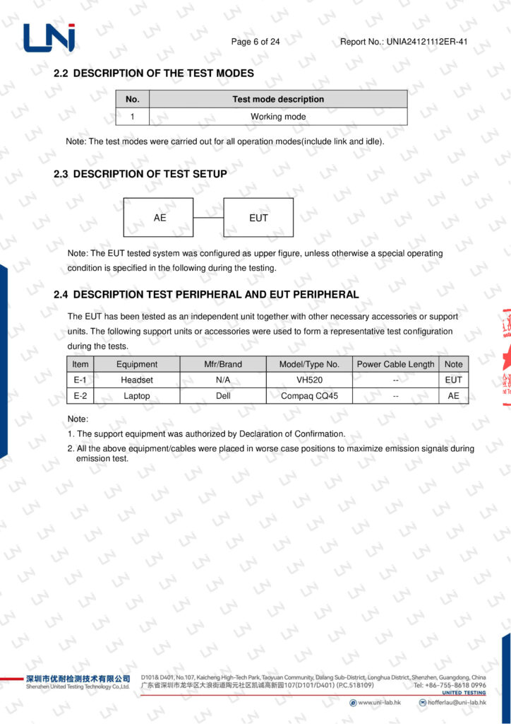 Record showing headset peripheral configuration and test mode setup for EMC assessment issued by LN Lab