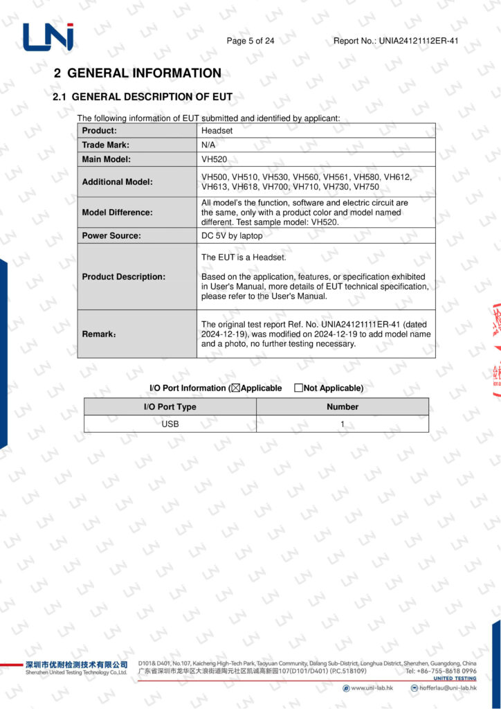 Report showing EUT technical specifications and USB-powered headset models from LN Lab