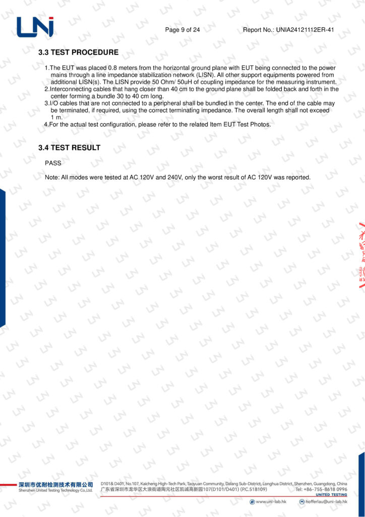 Statement describing electrical product test procedure and voltage result issued by UNI Lab