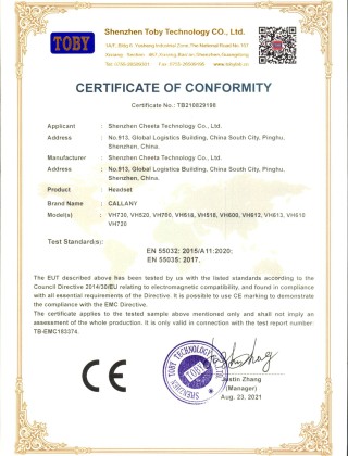 Certificates for headset CE compliance issued by Shenzhen Toby Technology